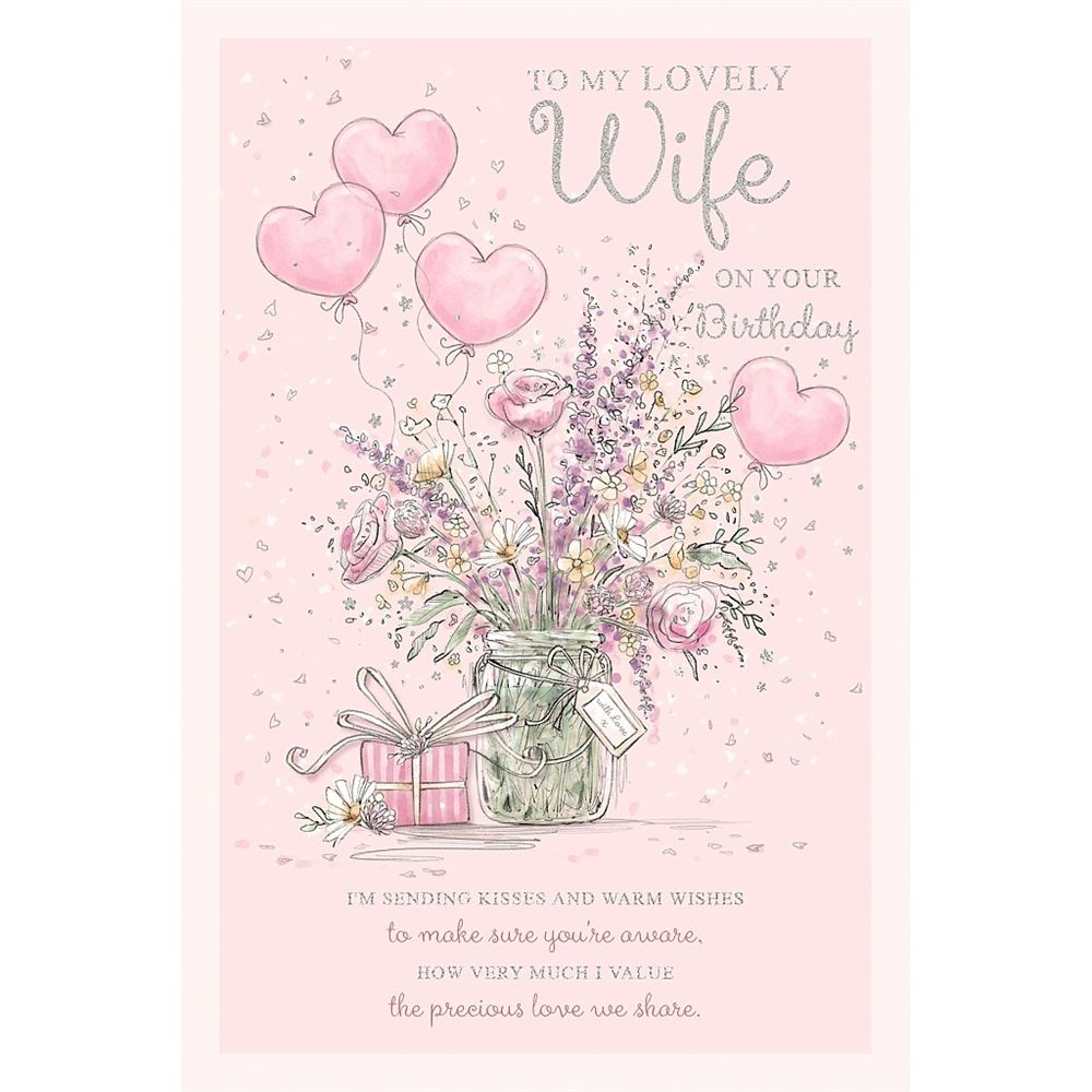 Wife Birthday Card Floral Jar with Balloons Design