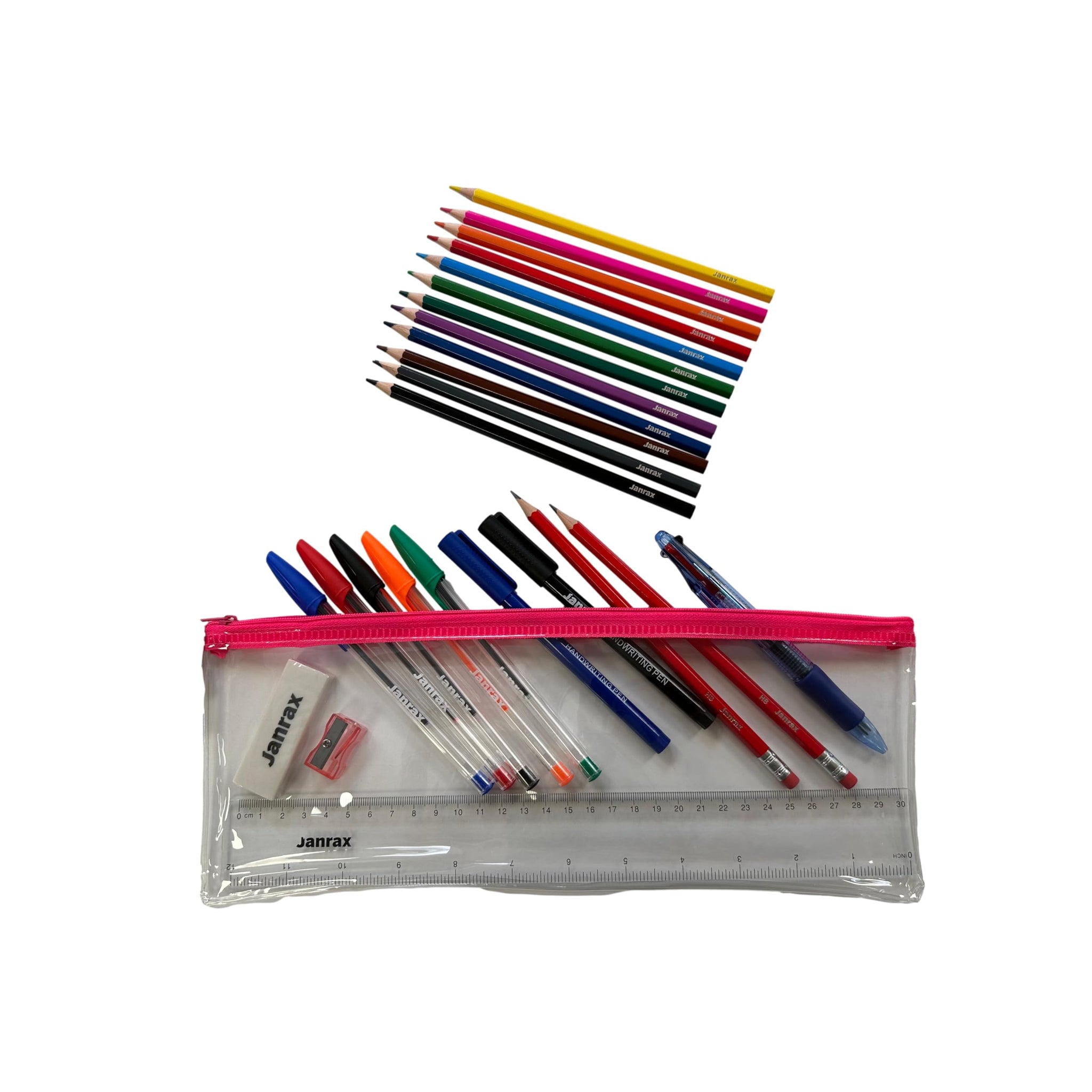 Stationery Filled Pink Zip 13x5" Pencil Case with Colouring Pencils