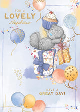 Bear Sat On Gift With Cupcake Nephew Birthday Card