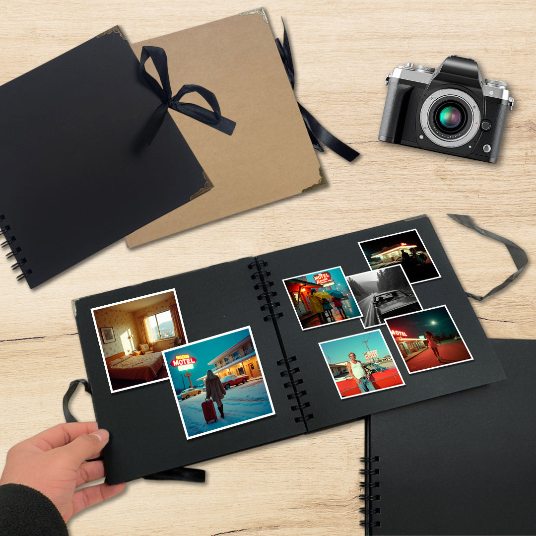 30 Sheets 20x20cm Spiral Bound 180gsm Black Scrapbook with Ribbon Closure and Metal Corners