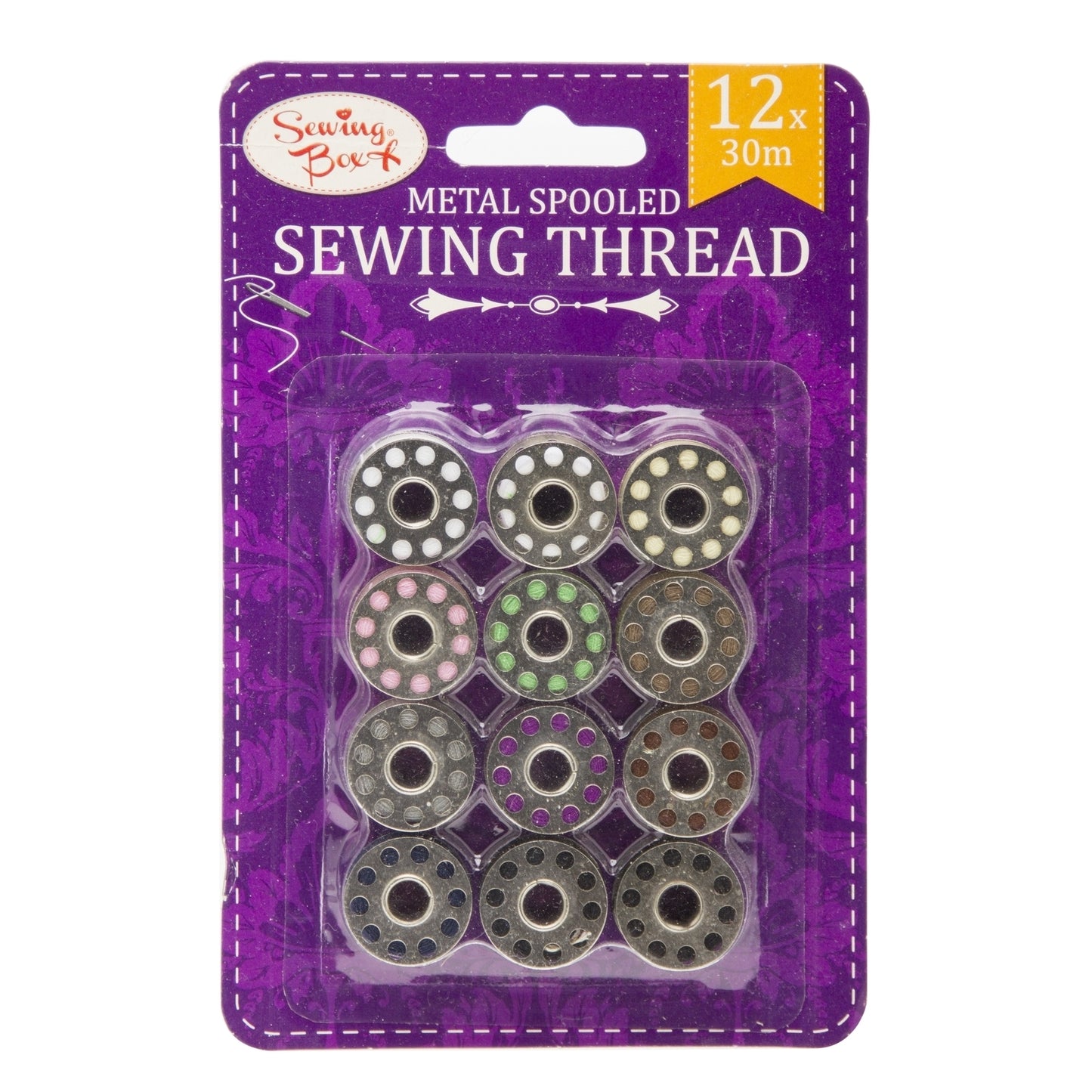 Pack of 12 Assorted Coloured Metal Spooled Sewing Threads by Sewing Box {DC}