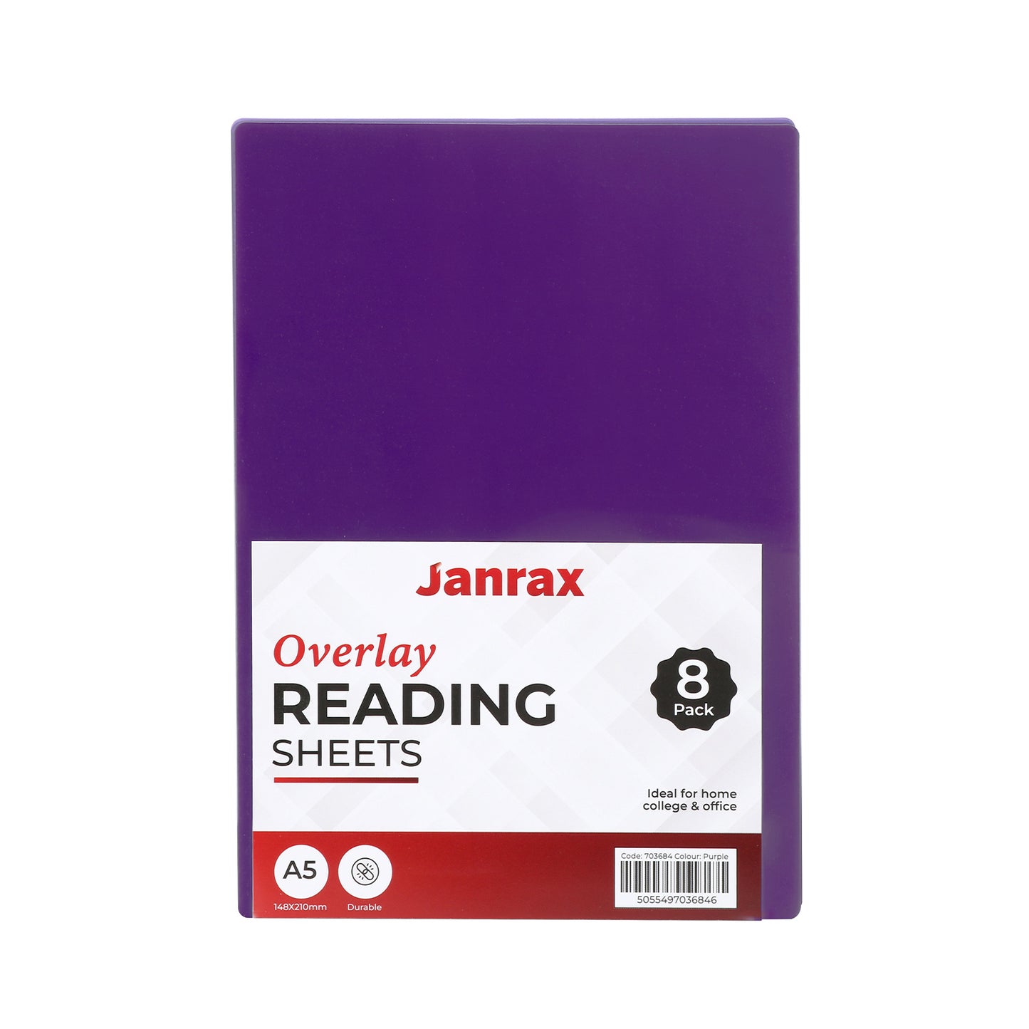 Pack of 8 A5 Plain Purple Dyslexia Overlay Reading Sheets – PET Material, Rounded Corners
