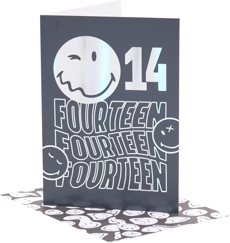 14th Birthday Card Smiley Silver Foil Design 