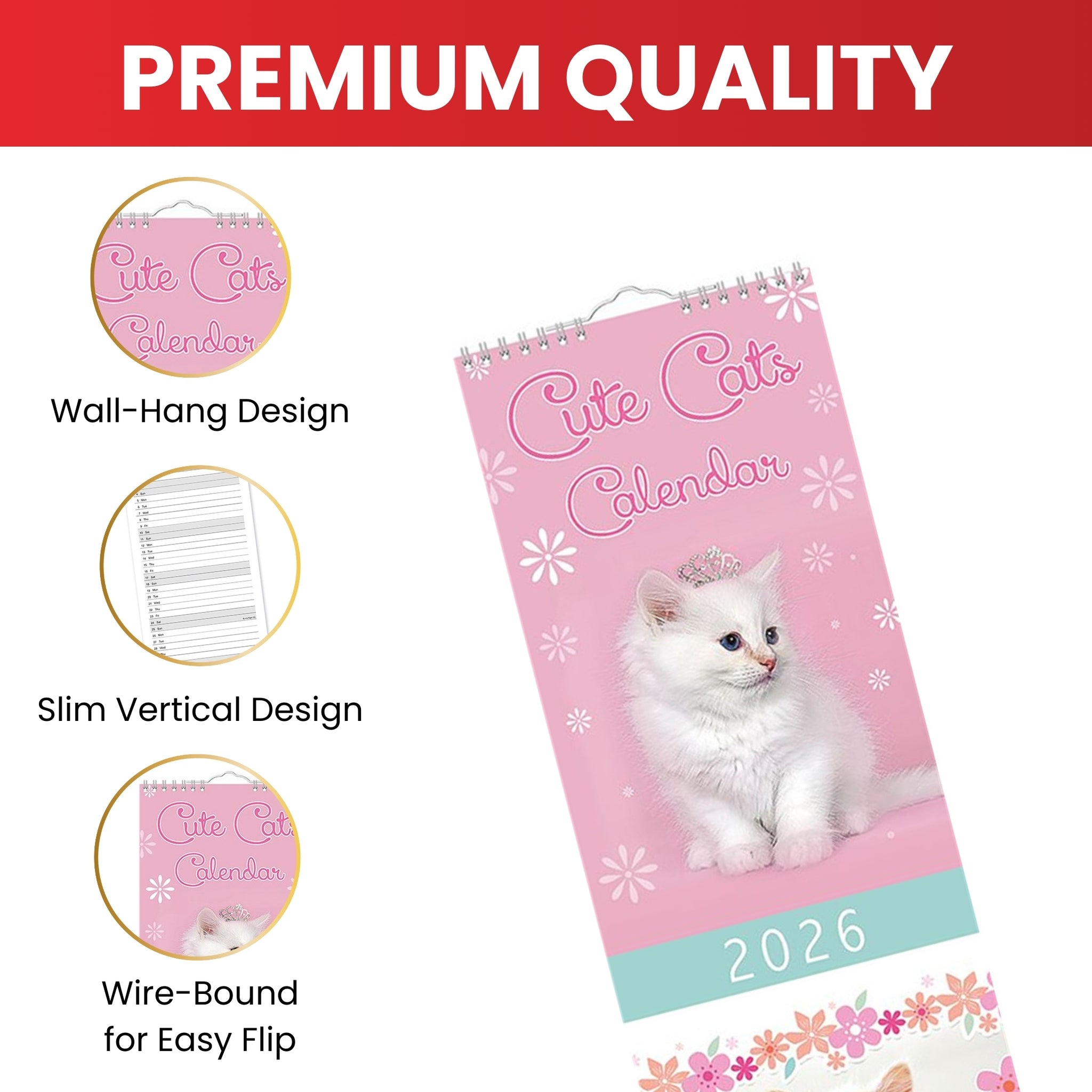 Slim Month To View Calendar 2026 – Photographic Cats – 143mm x 417mm