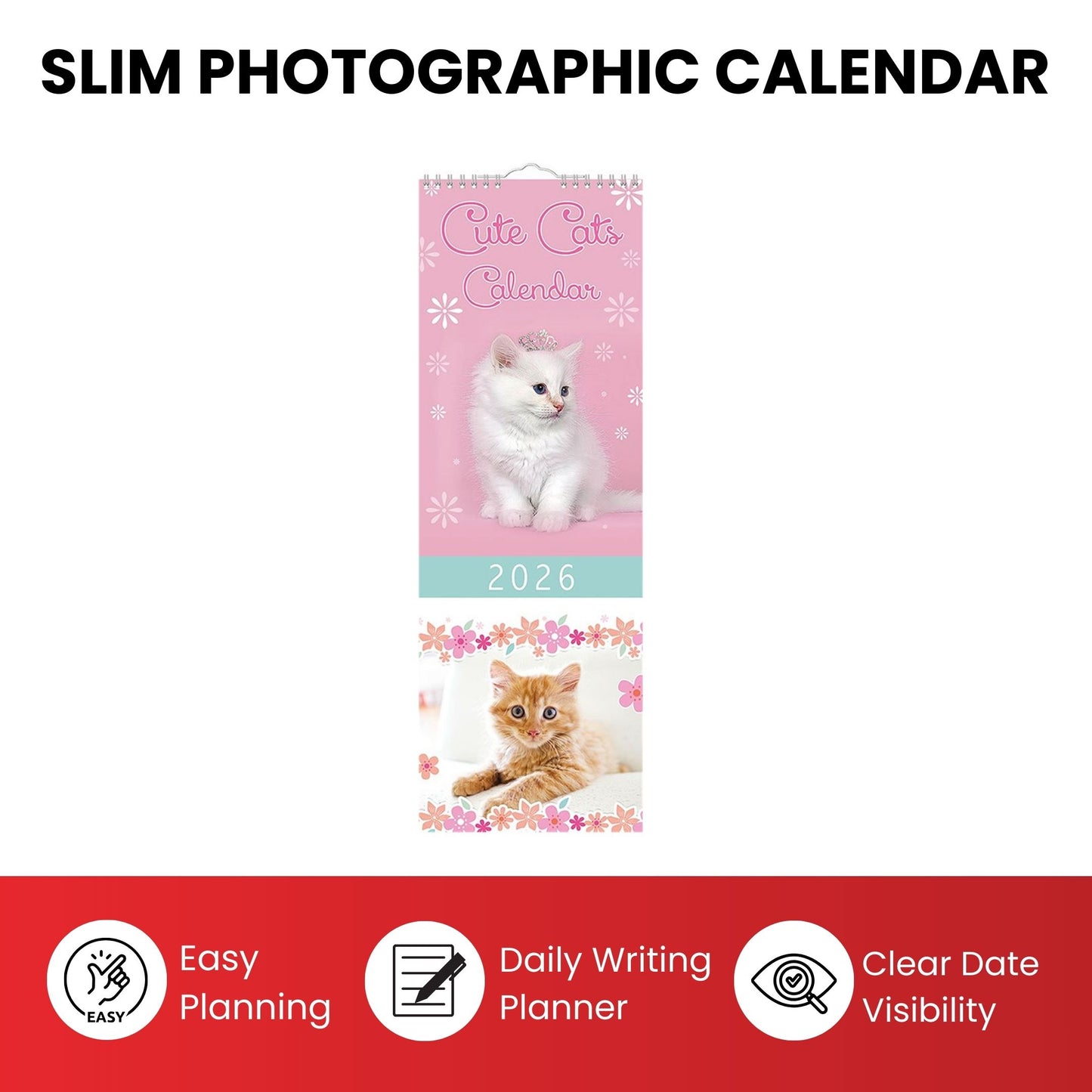 Slim Month To View Calendar 2026 – Photographic Cats – 143mm x 417mm