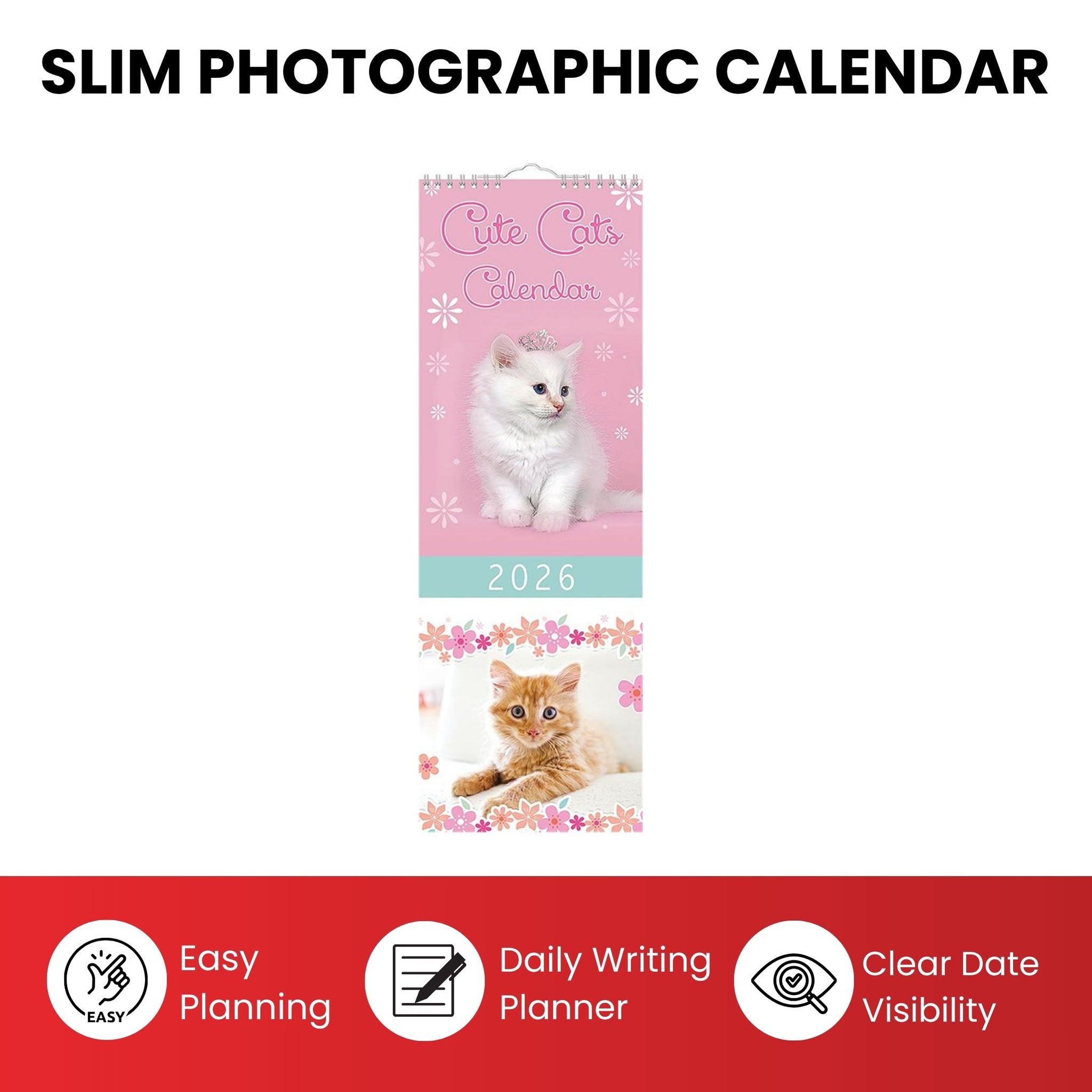 Slim Month To View Calendar 2026 – Photographic Cats – 143mm x 417mm
