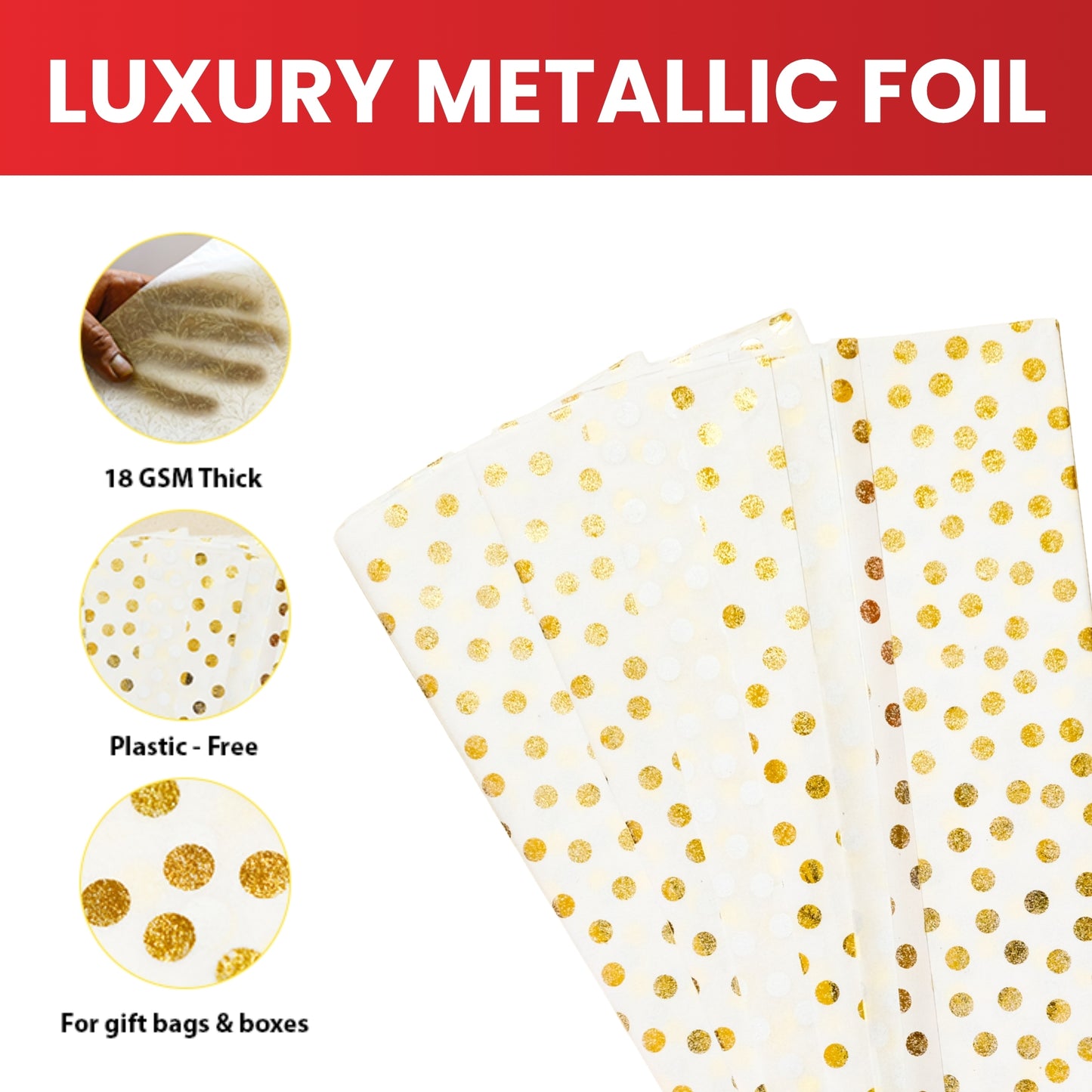 Pack of 10 Polka Dots Luxury Gold Metallic Plastic-Free 18gsm Tissue Paper Sheets 50x70cm
