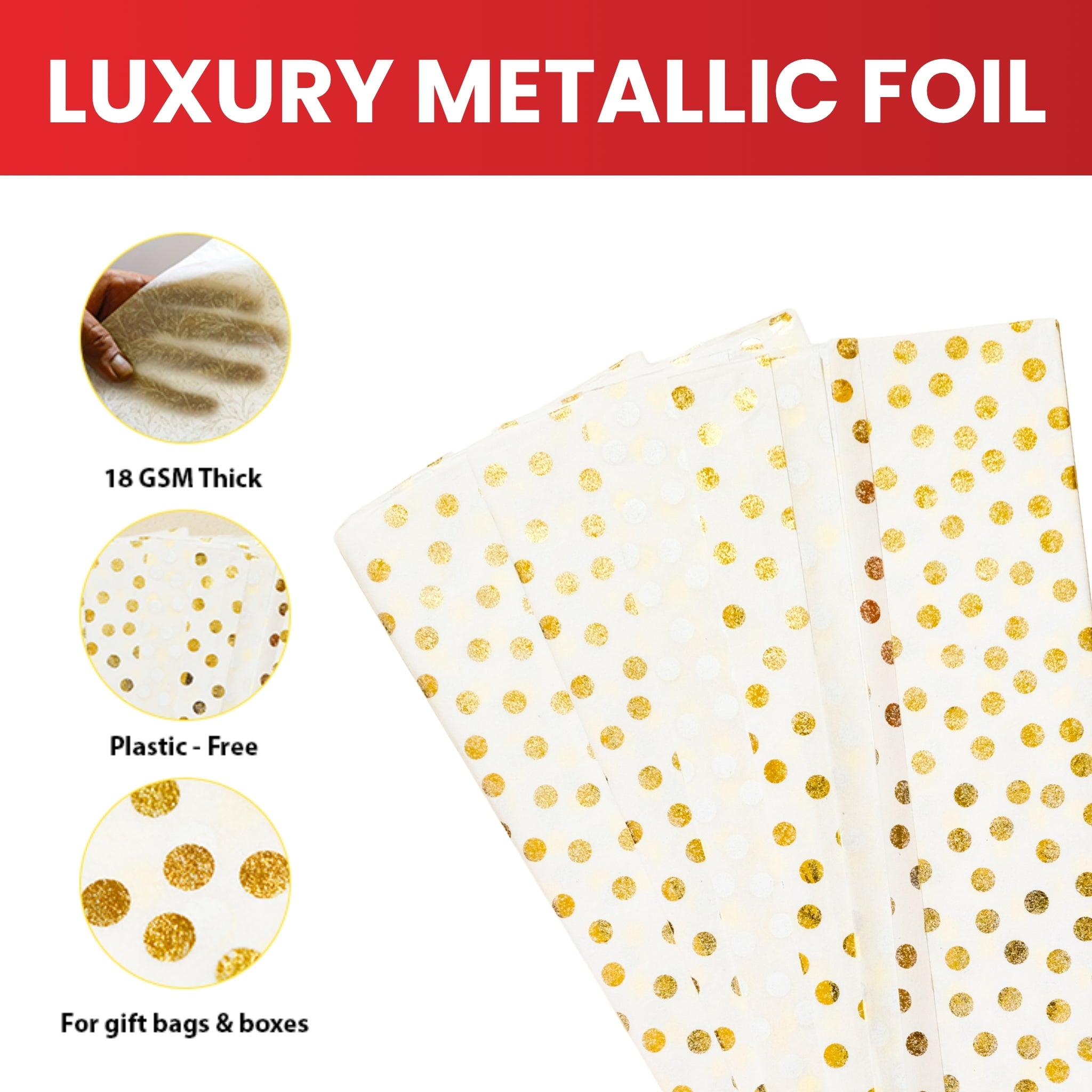 Pack of 10 Polka Dots Luxury Gold Metallic Plastic-Free 18gsm Tissue Paper Sheets 50x70cm