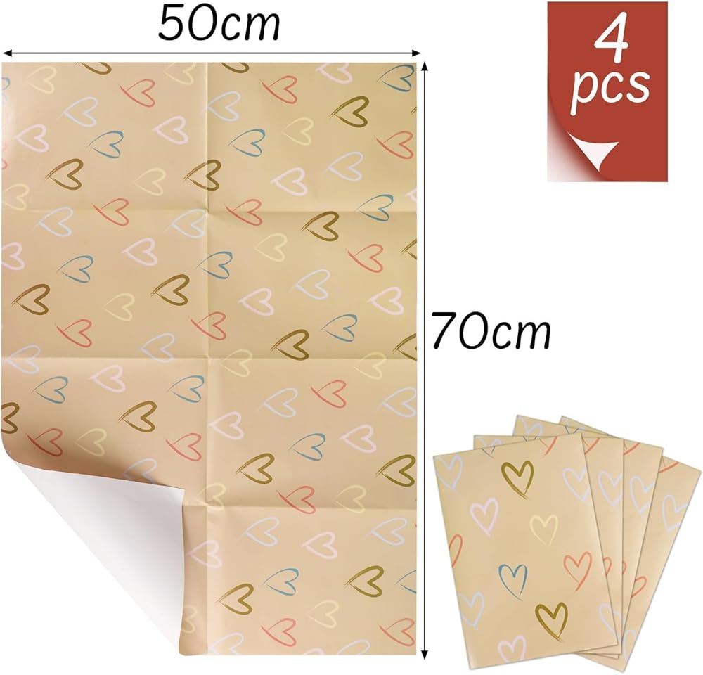 4 Sheets Wrapping Paper for Christmas Birthday Wedding Anniversary Valentines Colourful Love Hearts 