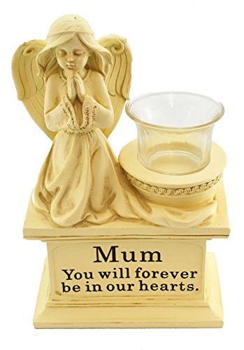 Large Angel Cherub Praying Kneeling Resin Figurine with Glass T Lite Holder- White Heavy Stone Finish "Mum"