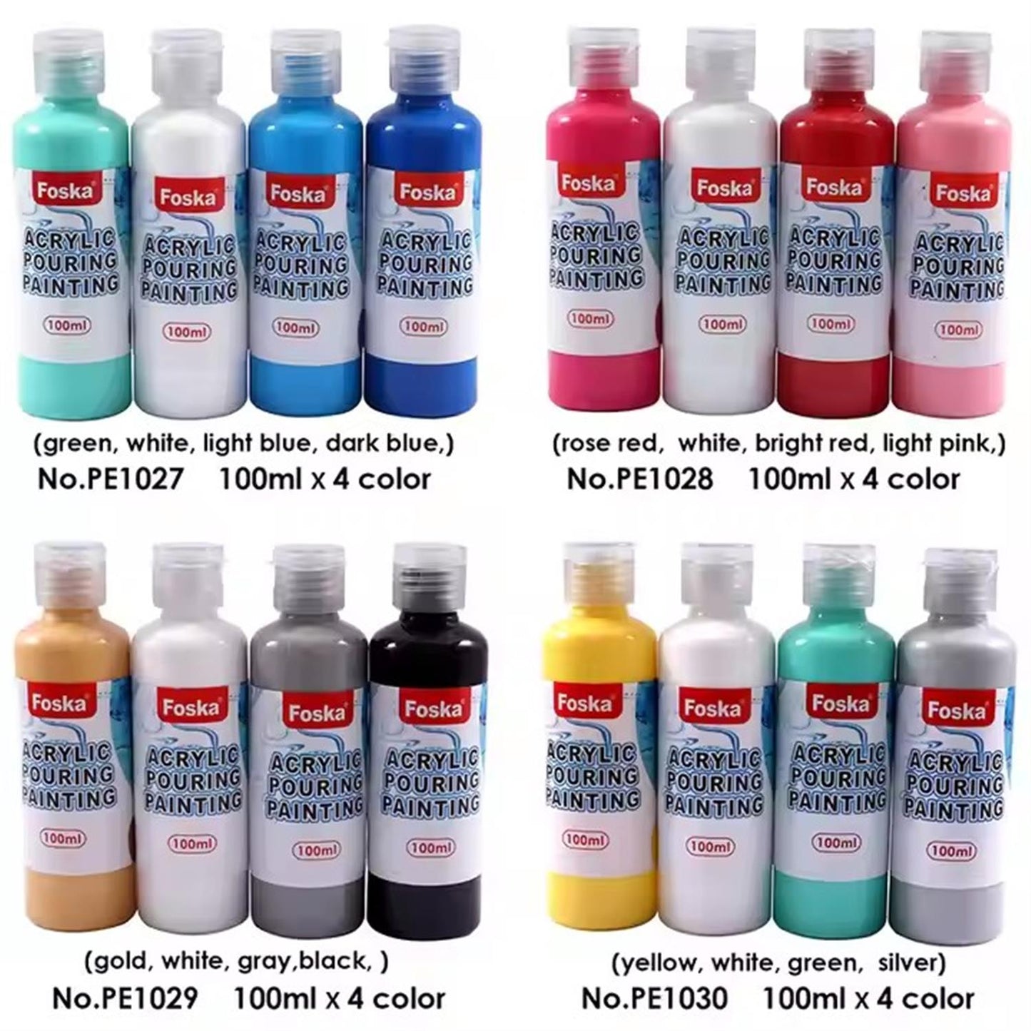 Pack of 4 Acrylic Pouring Paints 100ml - White, Light Pink, Rose Red, Bright Red