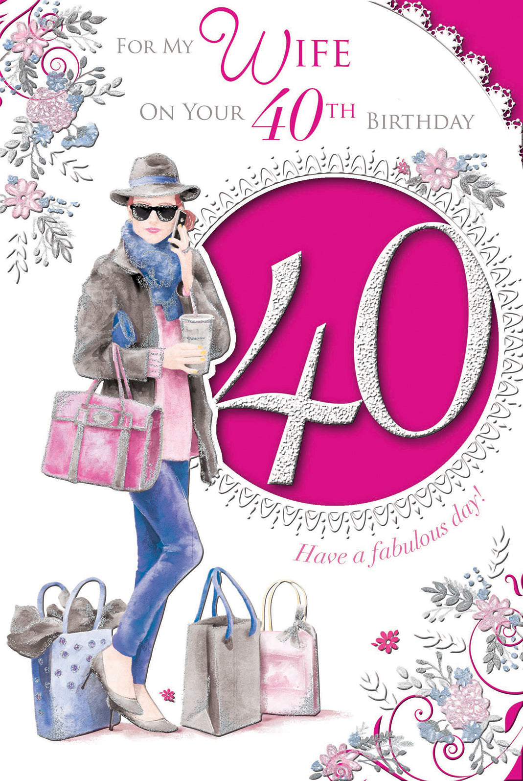 For My Wife 40th Birthday Lady With Shopping Bags Design Celebrity Style Card