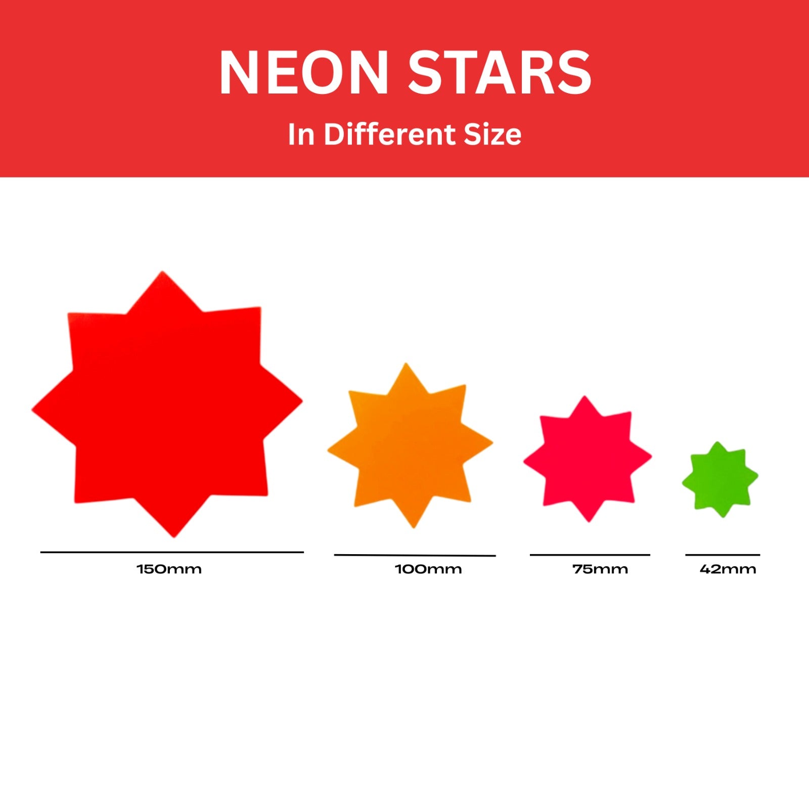 Pack of 50 Assorted Coloured Neon Fluorescent Stars & Flashes in Assorted Size