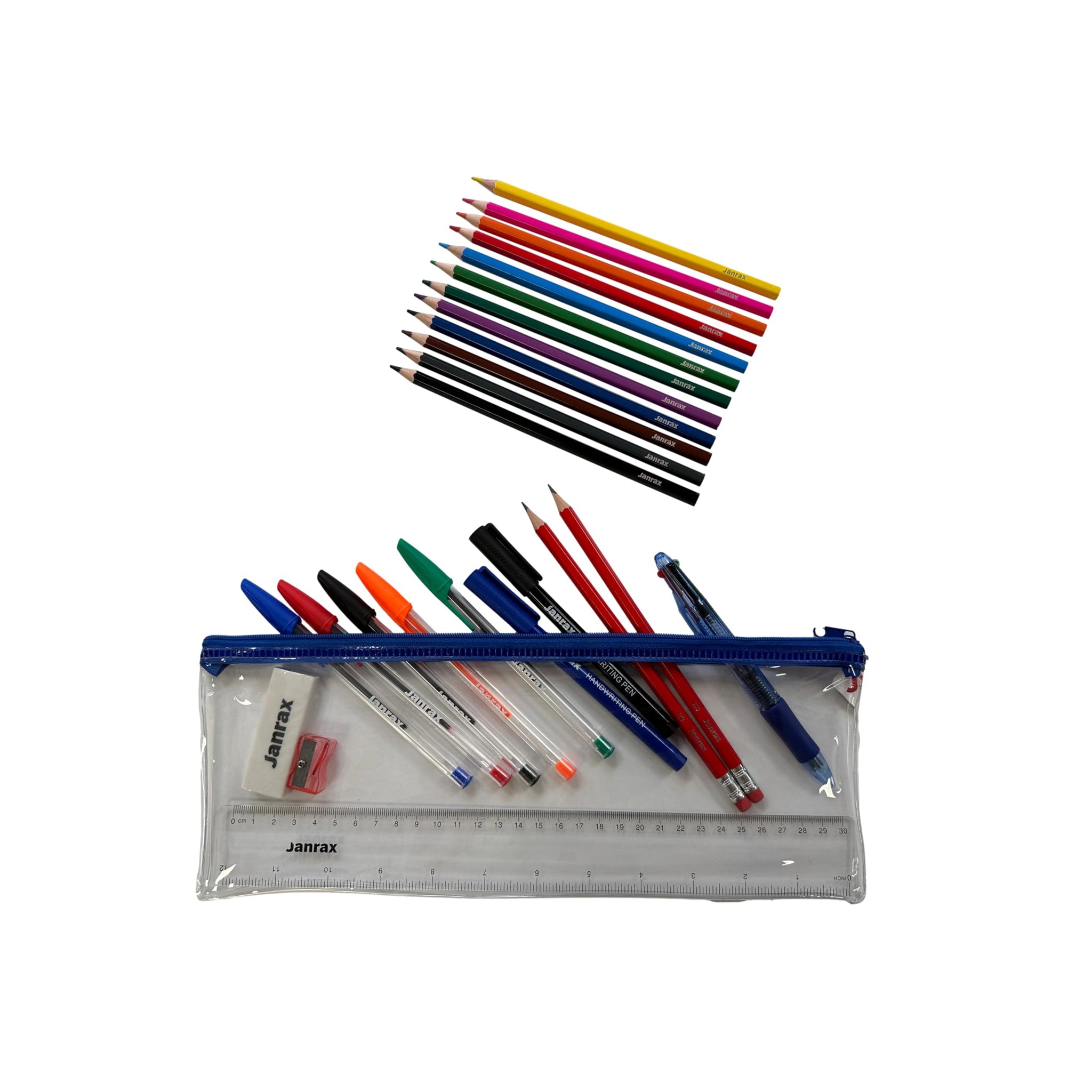Stationery Filled Blue Zip 13x5" Pencil Case with Colouring Pencils