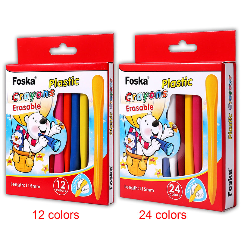 Pack of 12 Assorted Colour Triangular Erasable Plastic Crayons