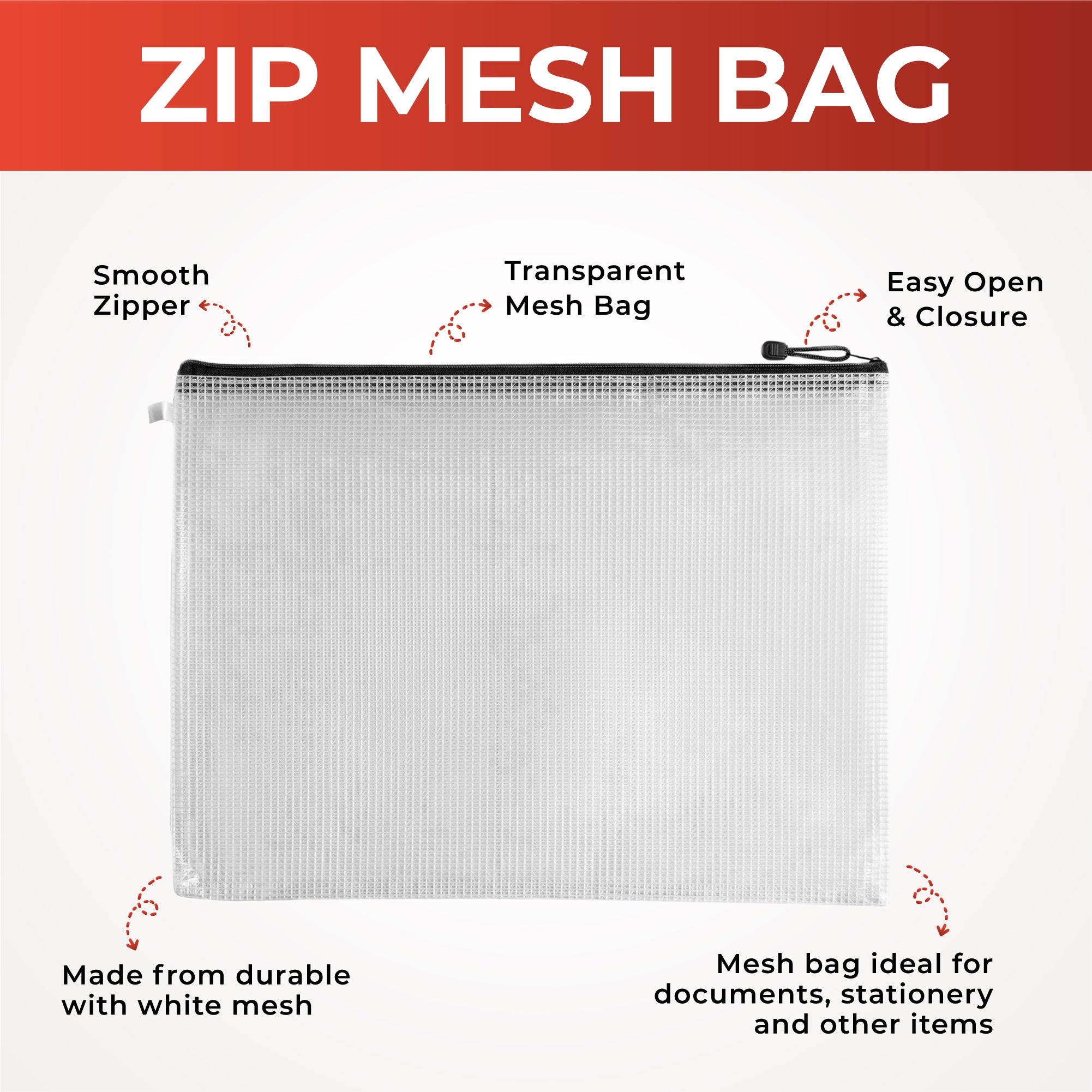 Pack of 12 A3 Black Zip Strong Mesh Bags - Tough Waterproof Storage