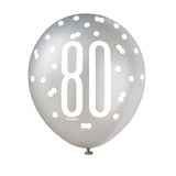 Pack of 6 Birthday Glitz Black, Silver, & White Number 80 12" Latex Balloons