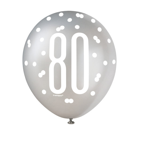 Pack of 6 Birthday Glitz Black, Silver, & White Number 80 12" Latex Balloons