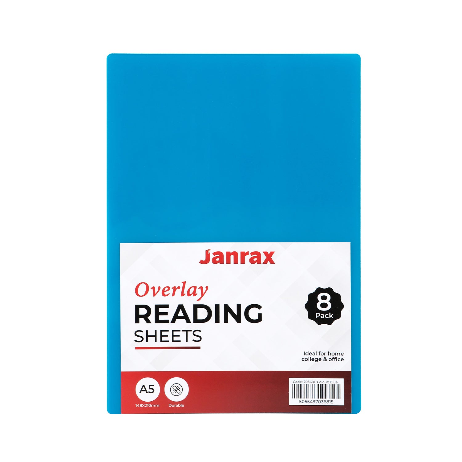 Pack of 8 A5 Plain Blue Dyslexia Overlay Reading Sheets – PET Material, Rounded Corners