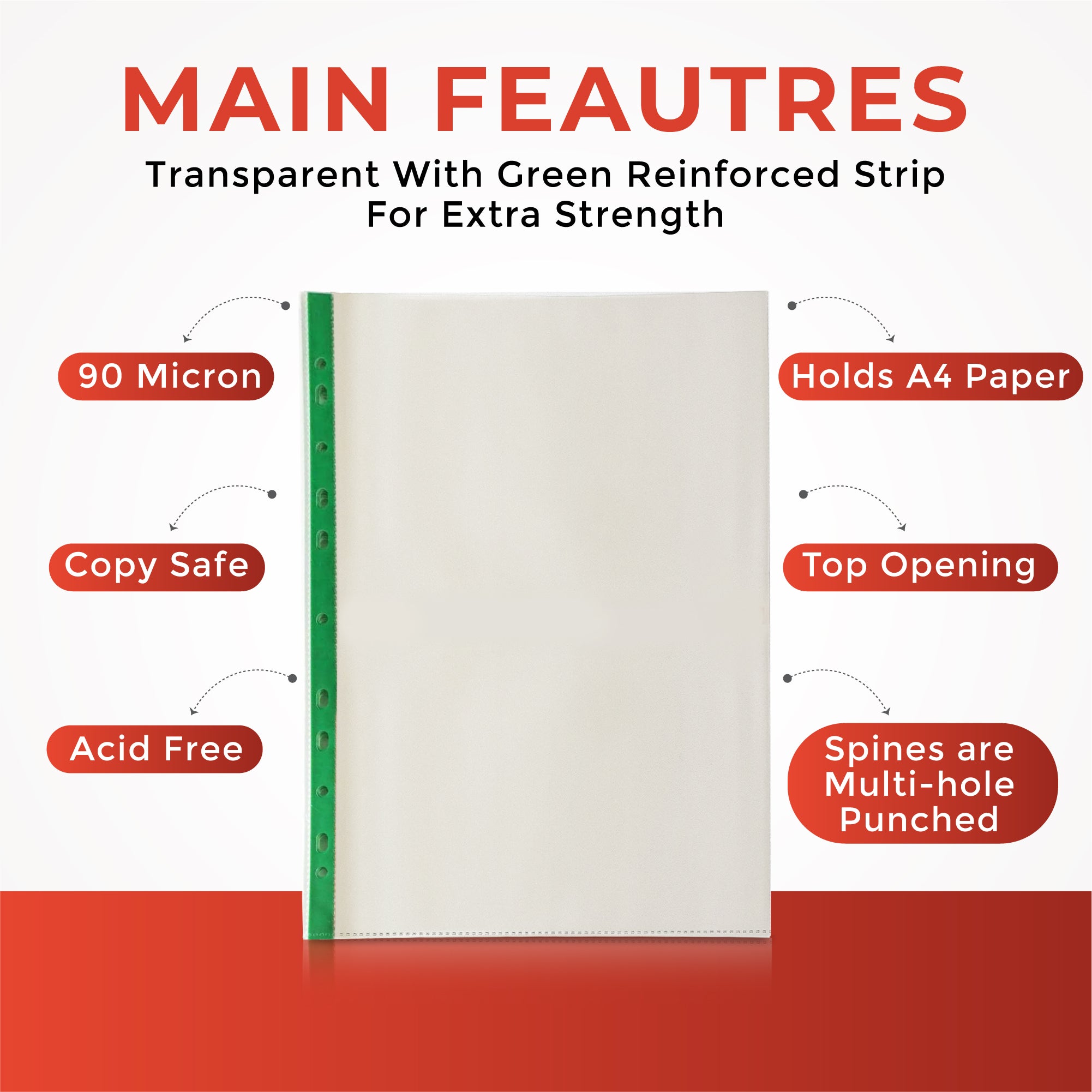 Pack of 100 A4 Premium Glass Clear Punched Pockets (90 Micron) - 708099