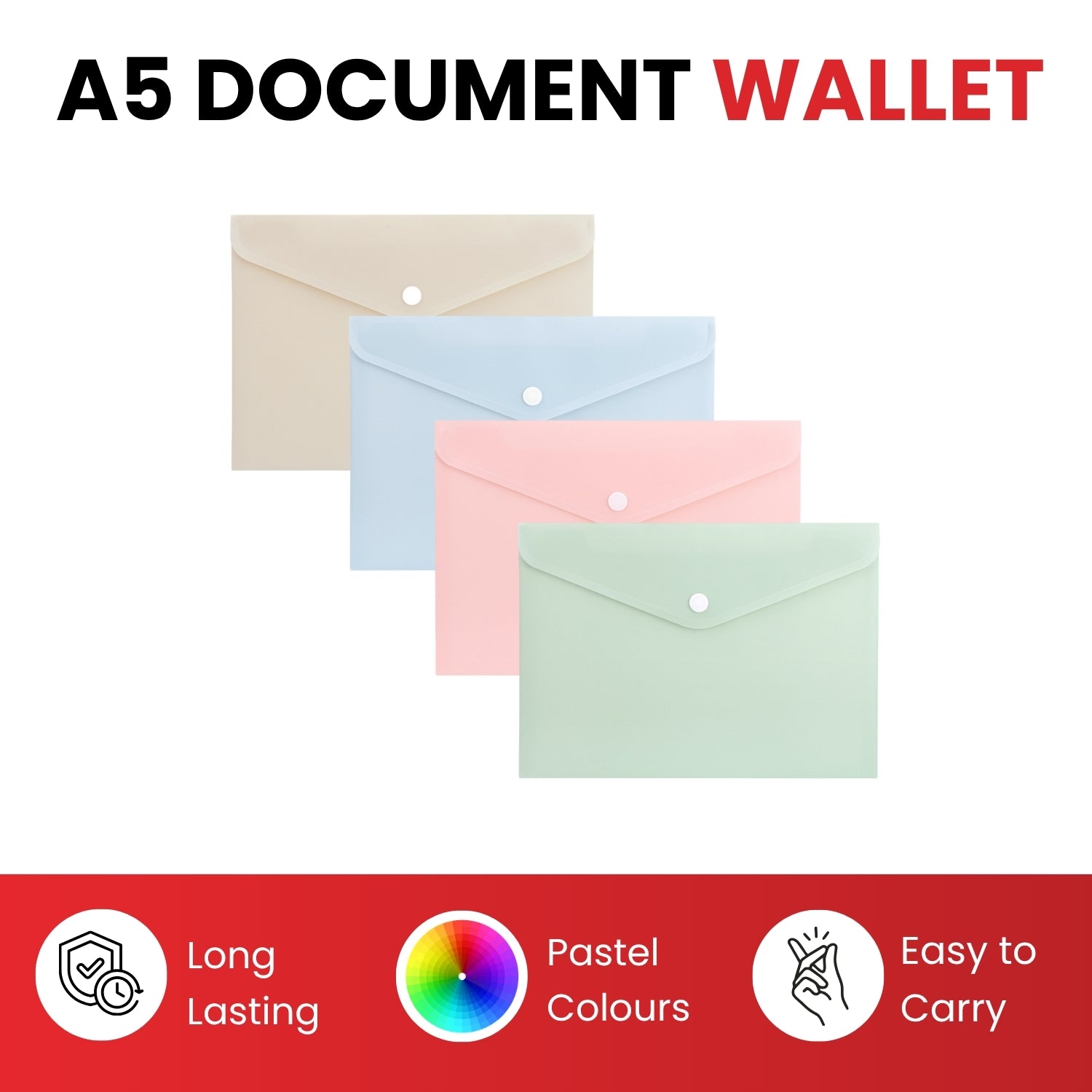 Pack of 12 A5 Assorted Light Pastel Coloured Soft Touch Plastic Document Wallets with Button Closure