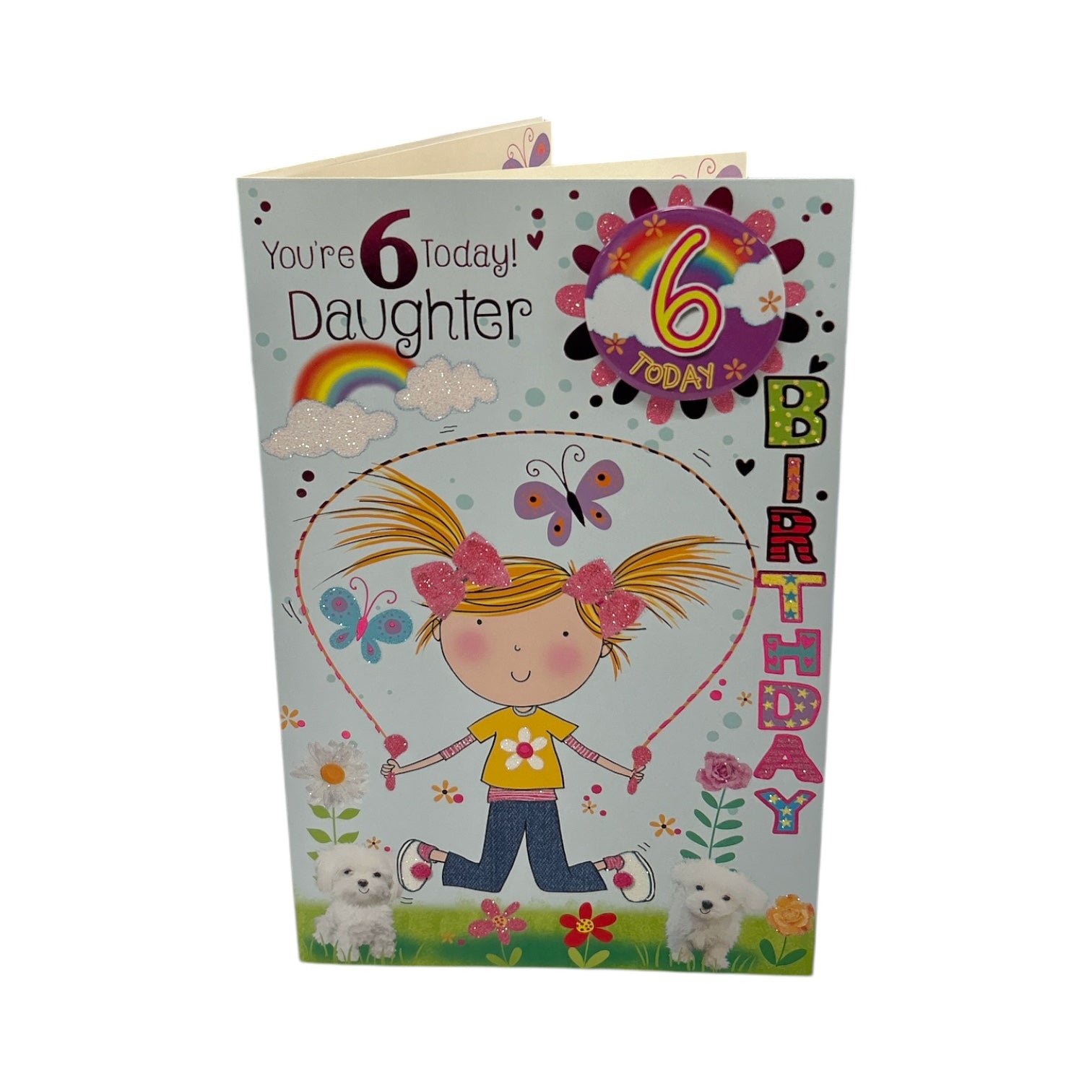 To Daughter Age 6 Girl Skipping Juvenile Birthday Card With Badge