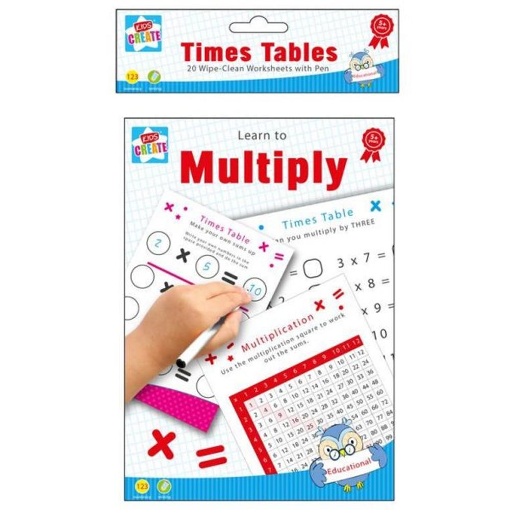 Pack of 20 A5 Wipe-Clean worksheets with pen - Learn to Multiply
