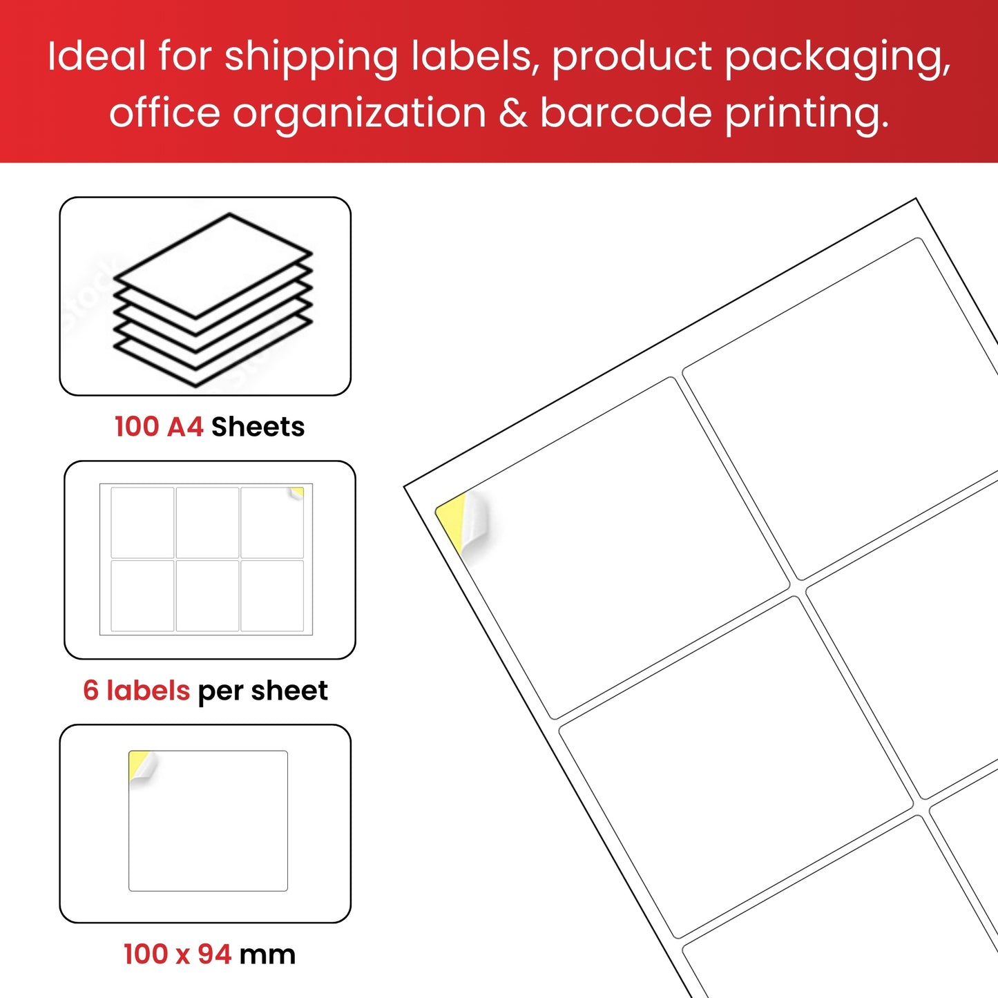 Pack of 600 White 100x94mm Self Adhesive Labels (6 Labels per A4 Sheet)