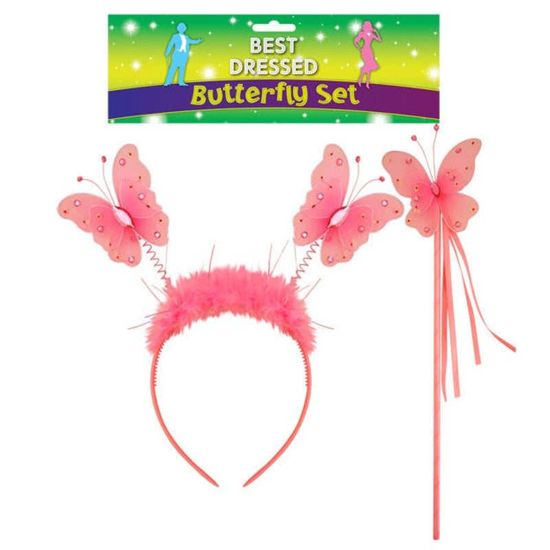 Pack of 2 Pink Butterfly Fairy Princess Wand with Pink Fur Headband {DC}