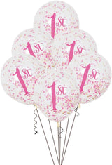 Pack of 6 Pink & Gold First Birthday Clear Latex Balloons with Confetti 12"