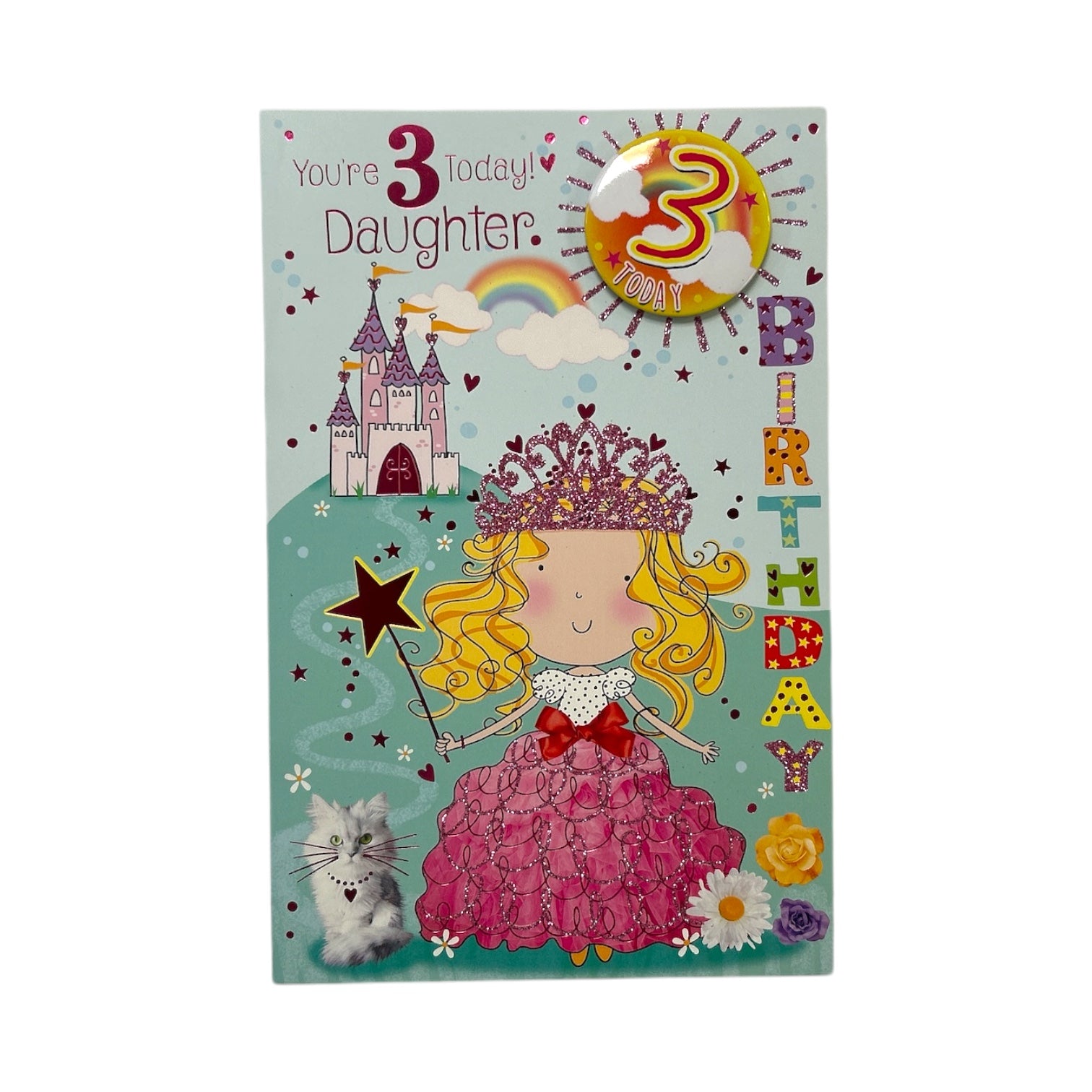 Daughter Age 3 Princess With Magic Wand Juvenile Birthday Card With Badge