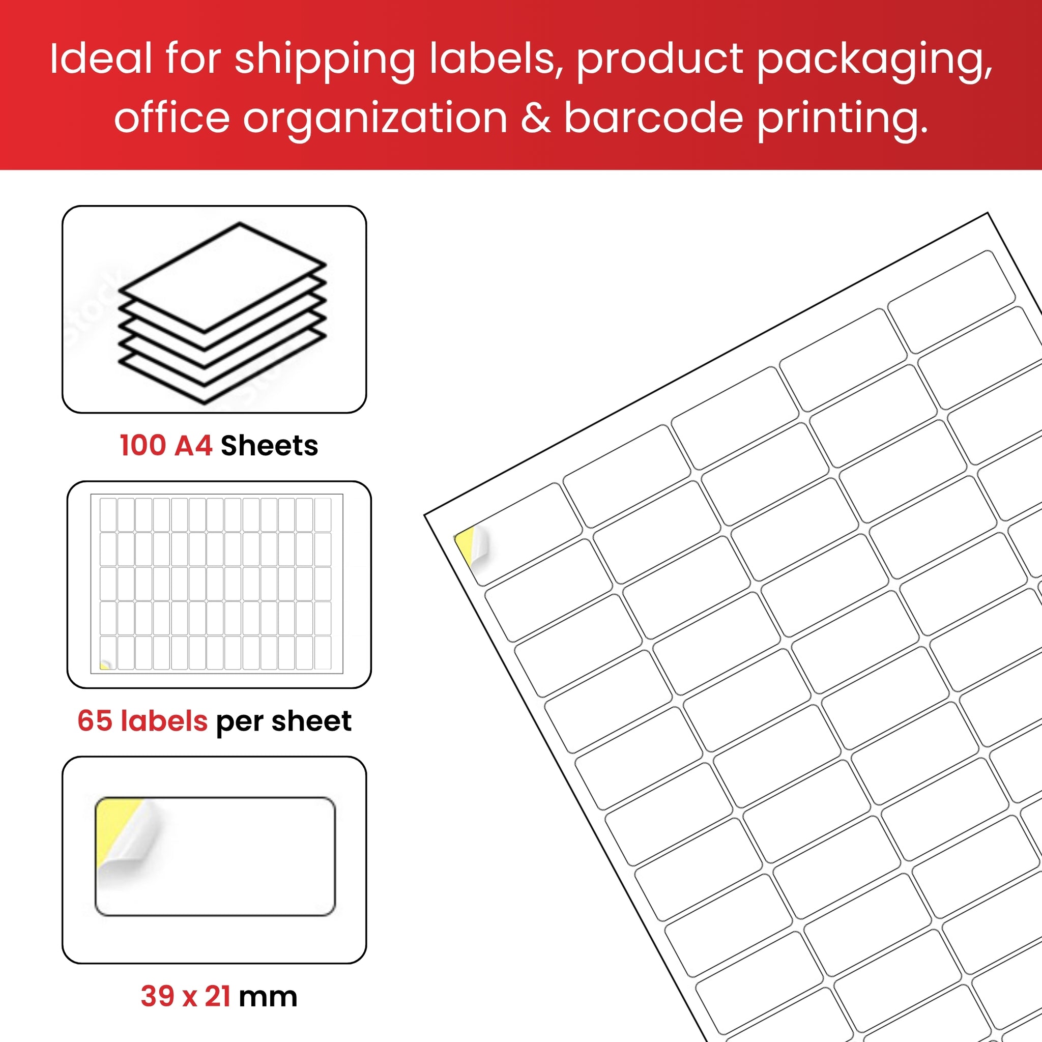 Pack of 6400 White 39x21mm Self Adhesive Labels (64 Labels per A4 Sheet)