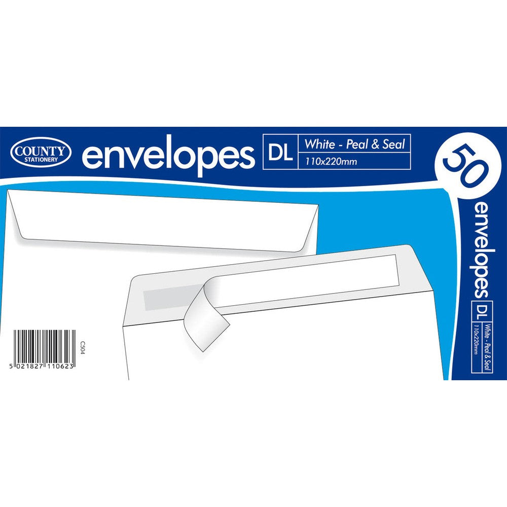 County Peel & Seal 50 Pack DL Envelopes White (80gsm)
