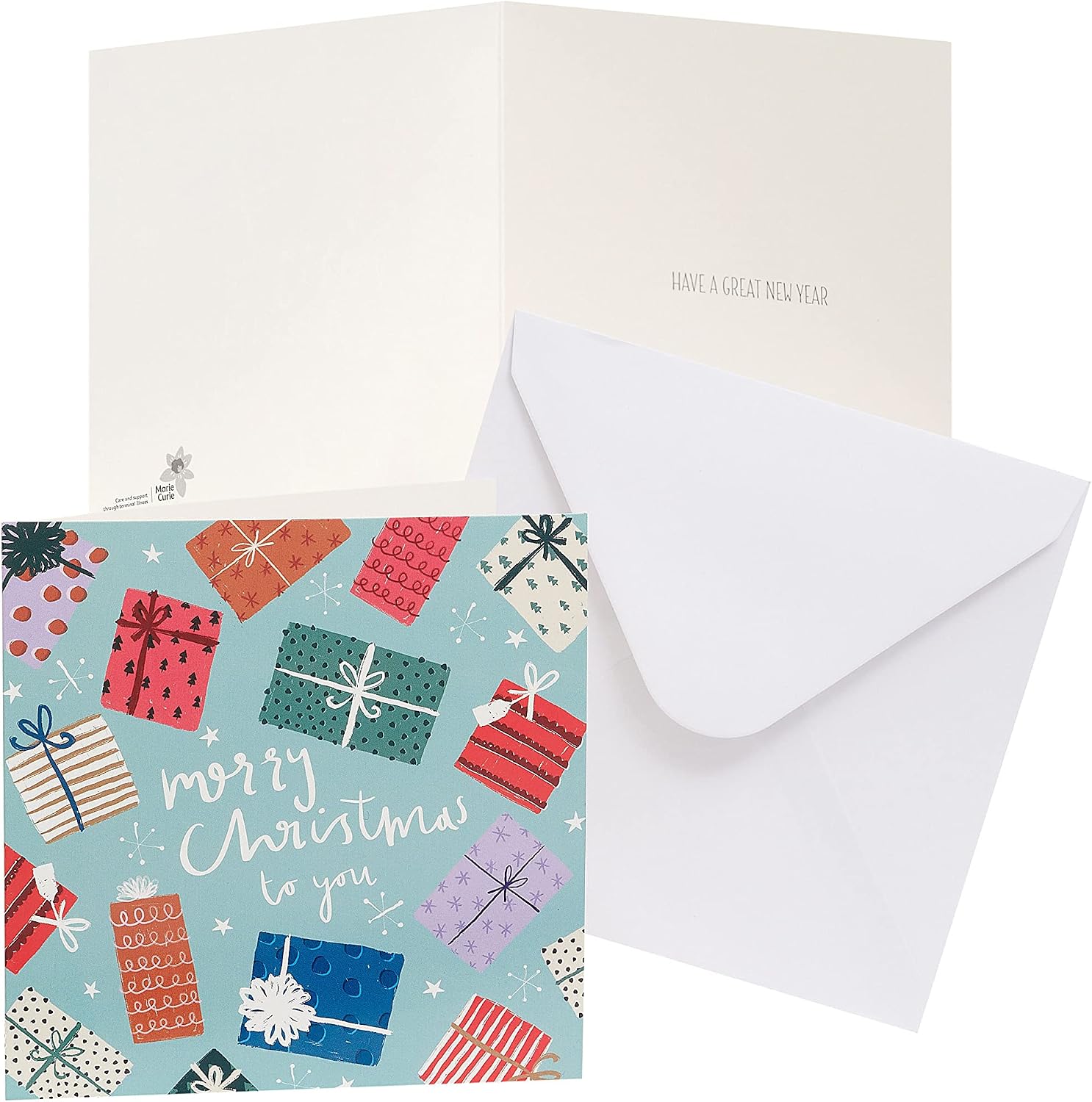 Multipack of 8 Bright Presents Design Charity Christmas Cards with Envelope