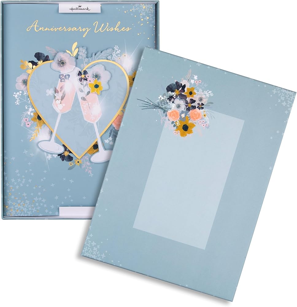 Traditional Illustrated Wine Glasses & Heart Design Luxury Boxed Anniversary Card