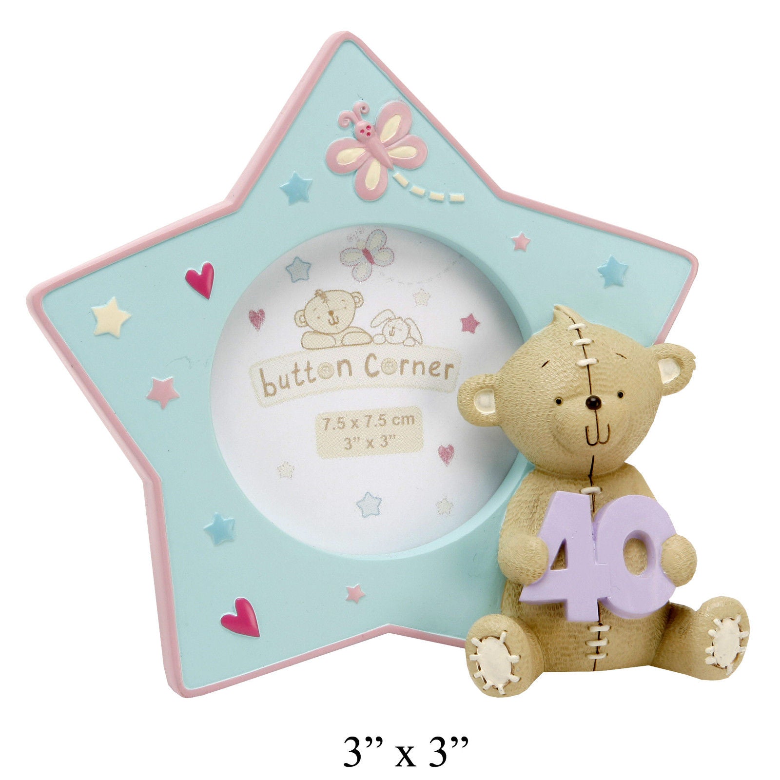 Button Corner Star Shaped Resin Photo Frame 3" x 3" - "40" Birthday Keepsake {DC}