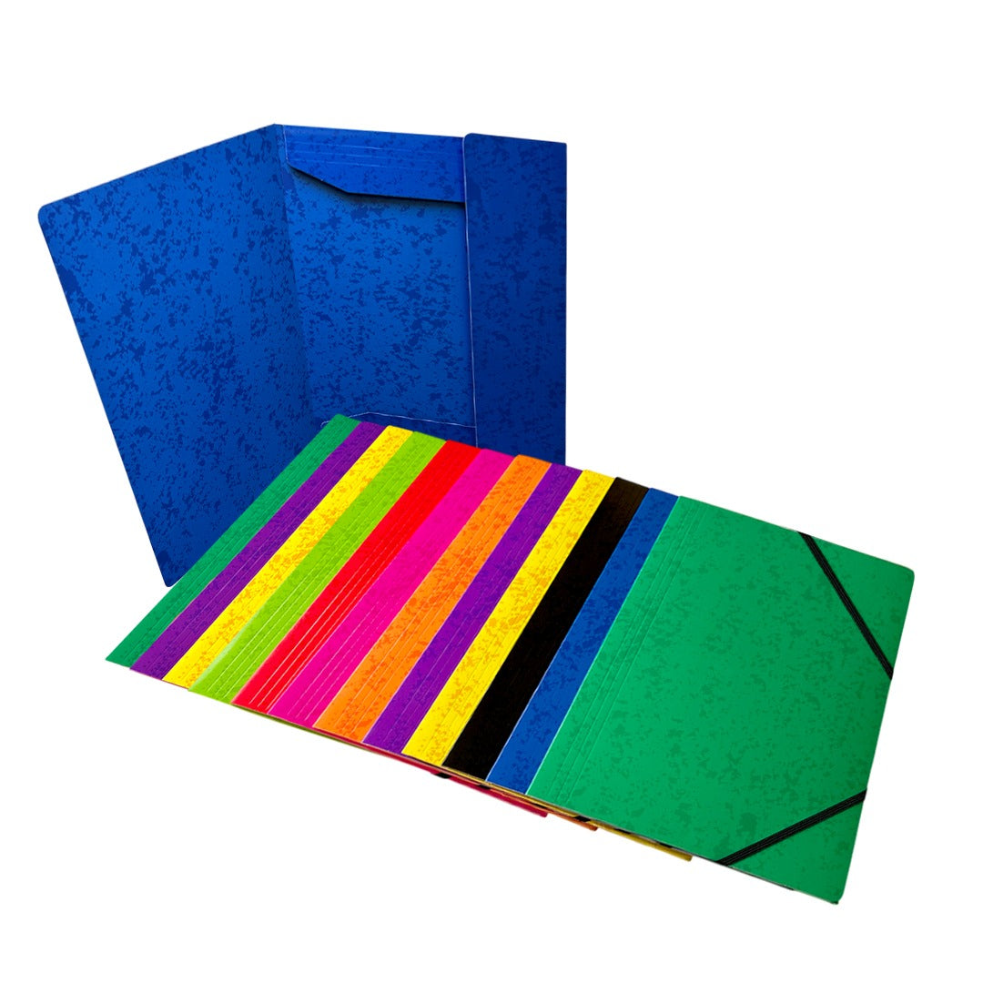 Pack of 12 A4 Assorted Colour Card 3 Flap Folders with Elastic Closure