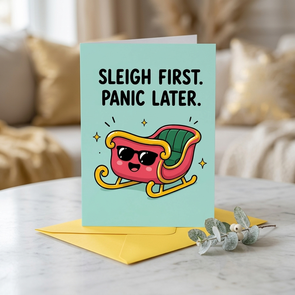 Sleigh First Panic Later Humorous Holiday Christmas Card