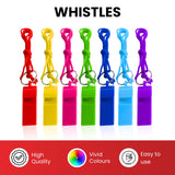 Bag of 10 Assorted Coloured Plastic Whistles with Lanyard Neck Cord