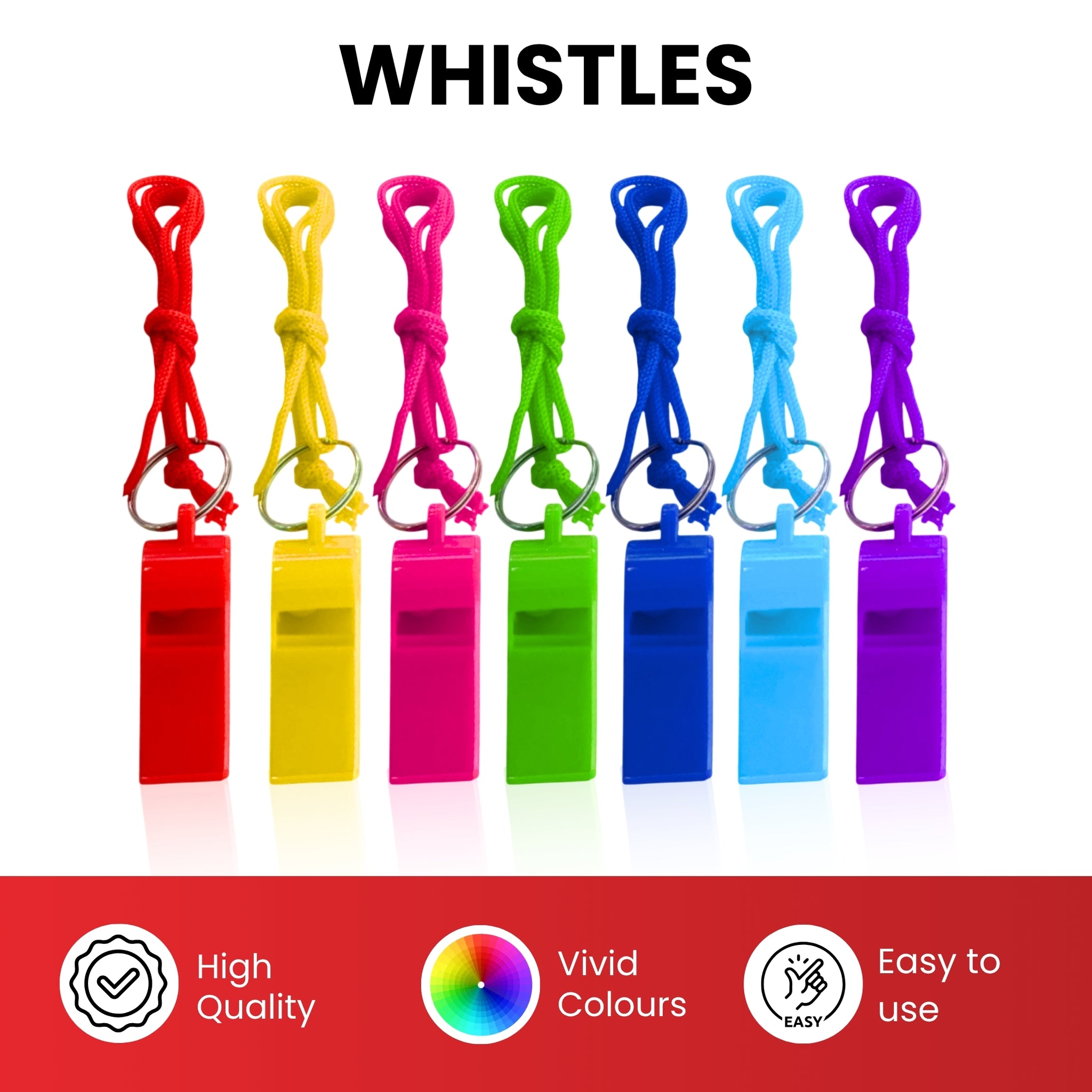 Bag of 10 Assorted Coloured Plastic Whistles with Lanyard Neck Cord