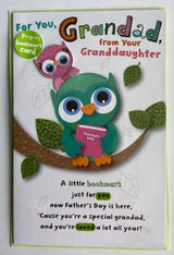 Grandad From Granddaughter Cut Owls Father's Day Card With Book Mark 