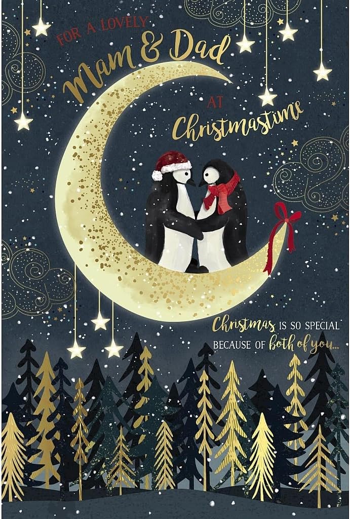 Penguins Stood on Moon Mam & Dad Christmas Card