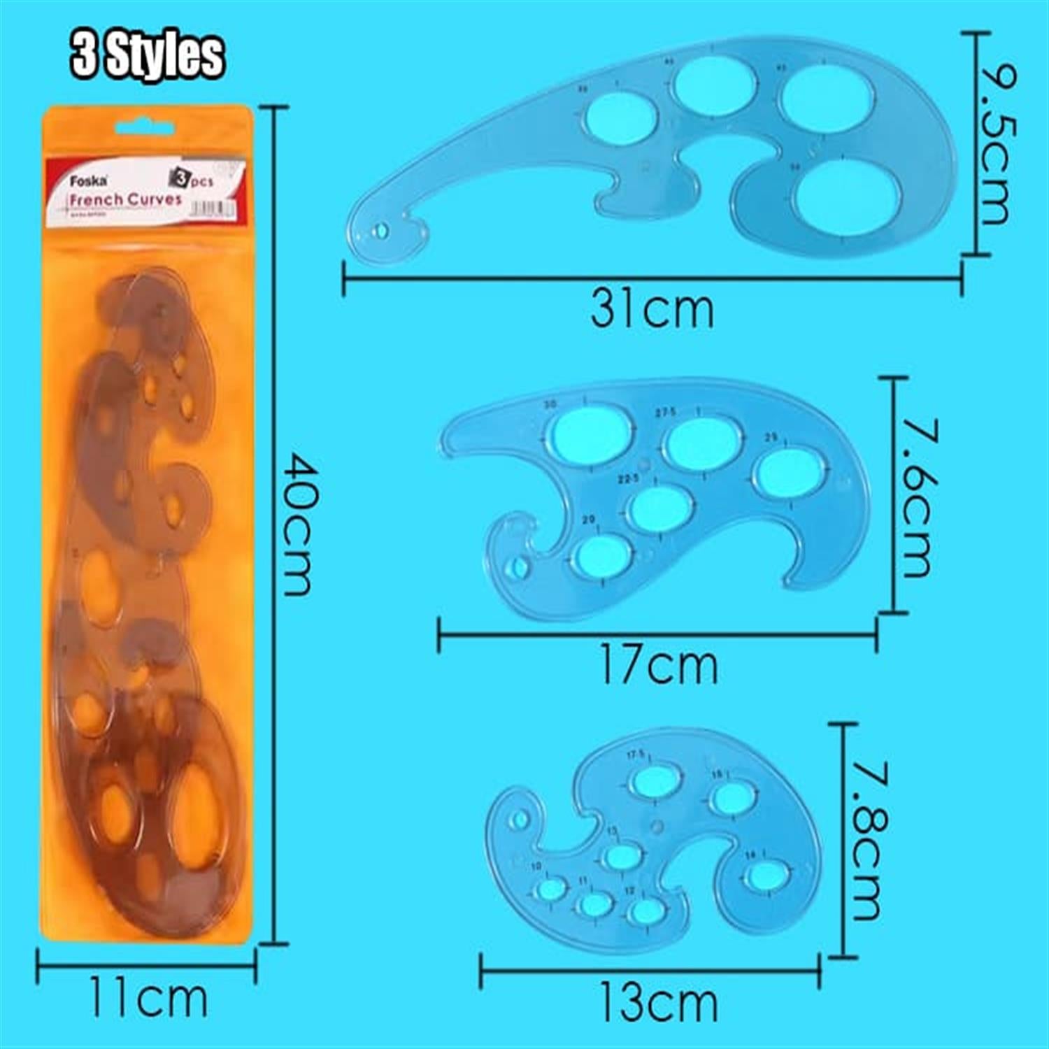 Pack of 3 Transparent Plastic French Curve Design Ruler Set