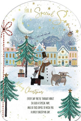 Dogs With A Snowman Son Christmas Card