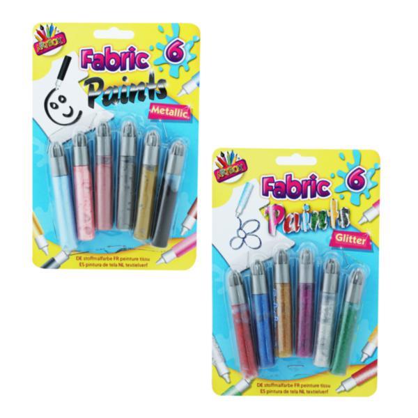 Pack of 6 Assorted Glitter & Metallic Fabric Paints 