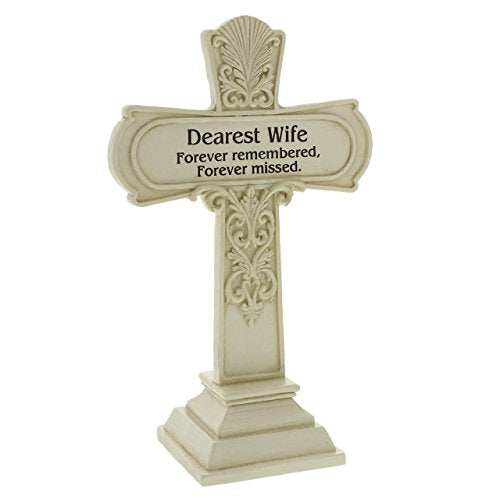 " Dearest Wife " Graveside Memorial Commemorative Cross 19cm Tall~ Heavy Ivory Resin Construction.