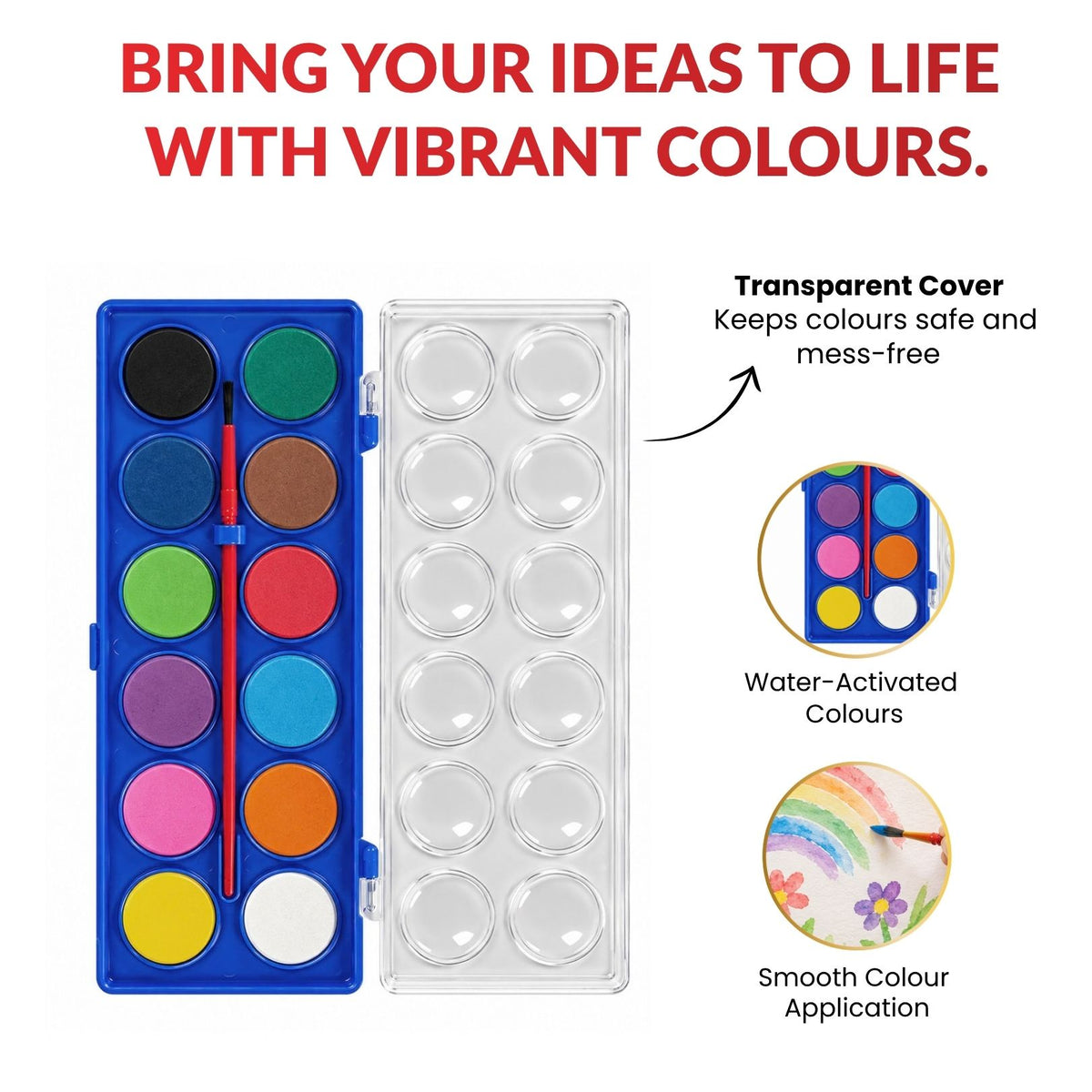 Set of 12 Solid Watercolour With Brush in Plastic Case