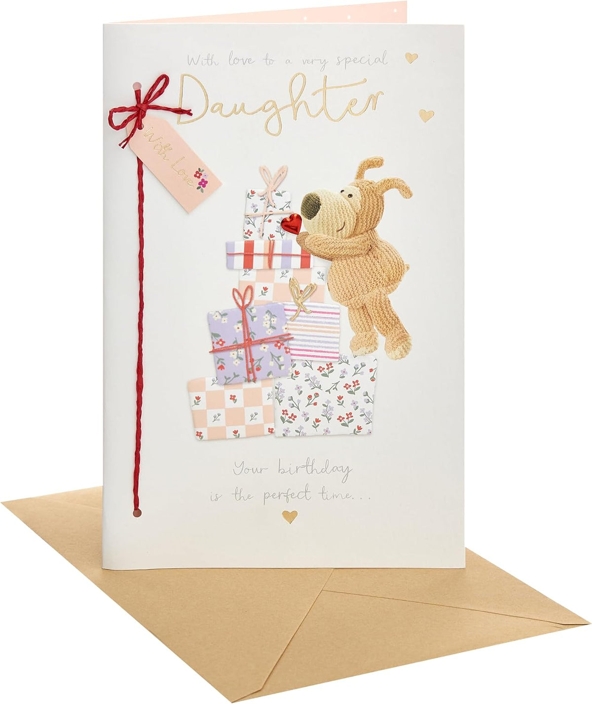 Boofle Standing On Presents Hand Drawn Hearts Design Daughter Birthday Card