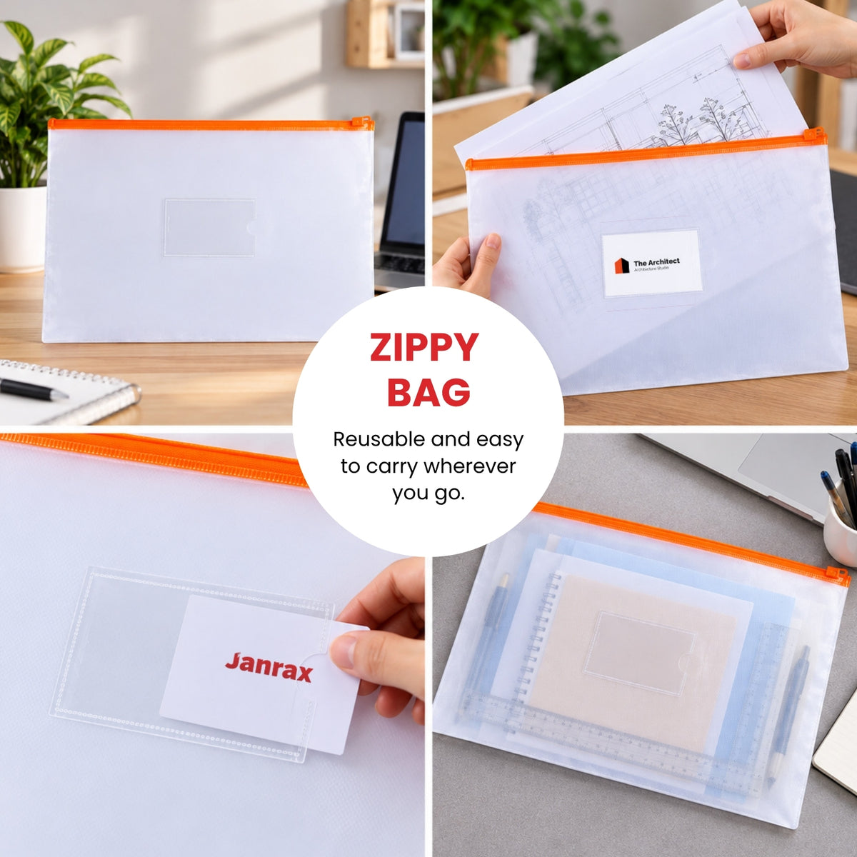 Pack of 12 A3 Clear Zippy Bags with Black Zip