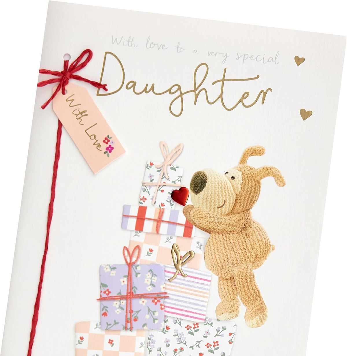 Boofle Standing On Presents Hand Drawn Hearts Design Daughter Birthday Card